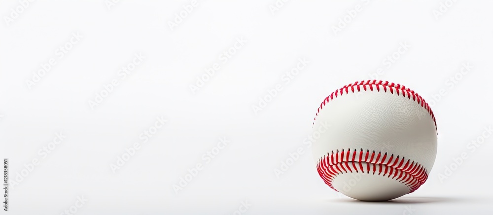 Poster A lone baseball with red stitching rests on a clean white background positioned to the right providing ample copy space for text and design use.
