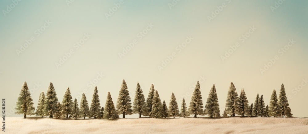 Poster Christmas themed scene with several toy pine trees lined against a soft cream and blue background creating an open space for text additions