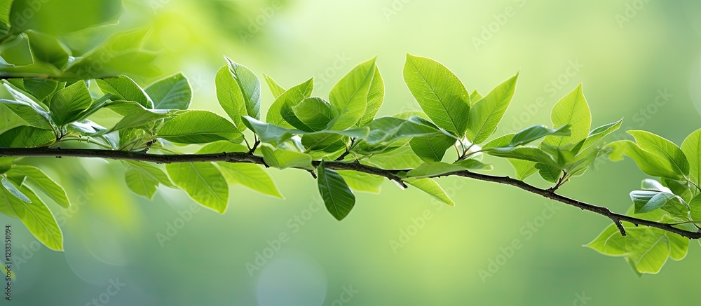Poster fresh green leaves on a slender branch of a european wild pear tree, softly blurred background, prov