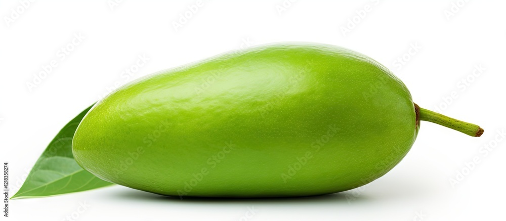 Poster ripe green mango with a glossy surface, positioned on a white background with a single green leaf, s