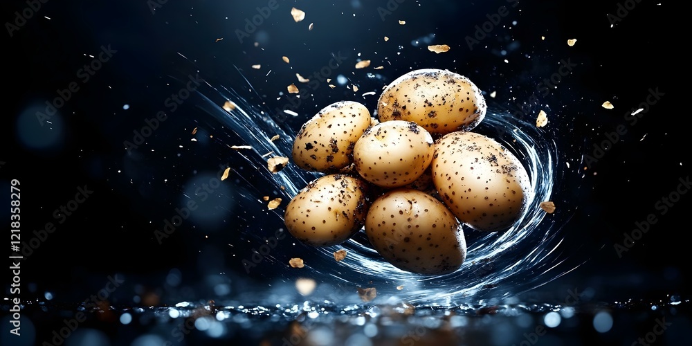 Poster a group of potatoes appears to be splashing in water, surrounded by droplets and bits of dirt. conce