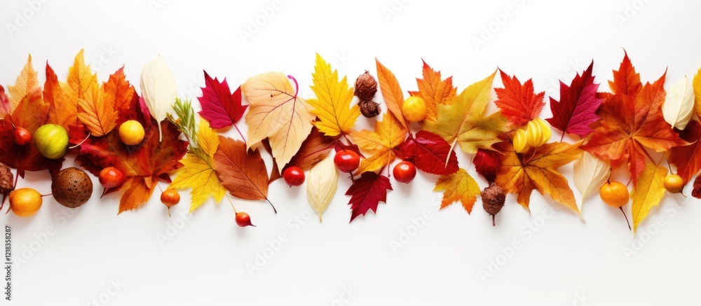 Poster vibrant autumn leaves in a colorful border on pristine white background with yellows, reds, and oran
