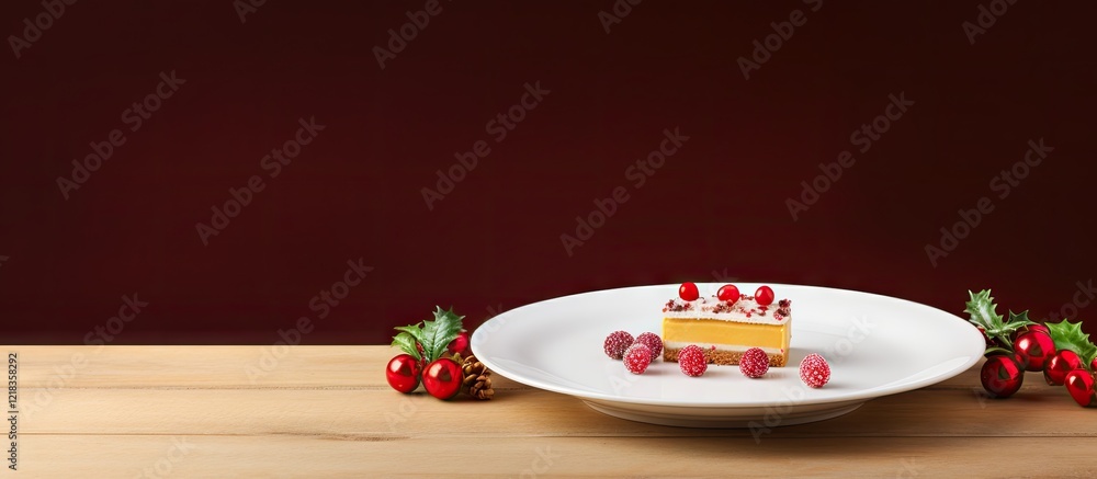 Poster festive christmas dessert on a white plate with a red background featuring a cake garnished with ber