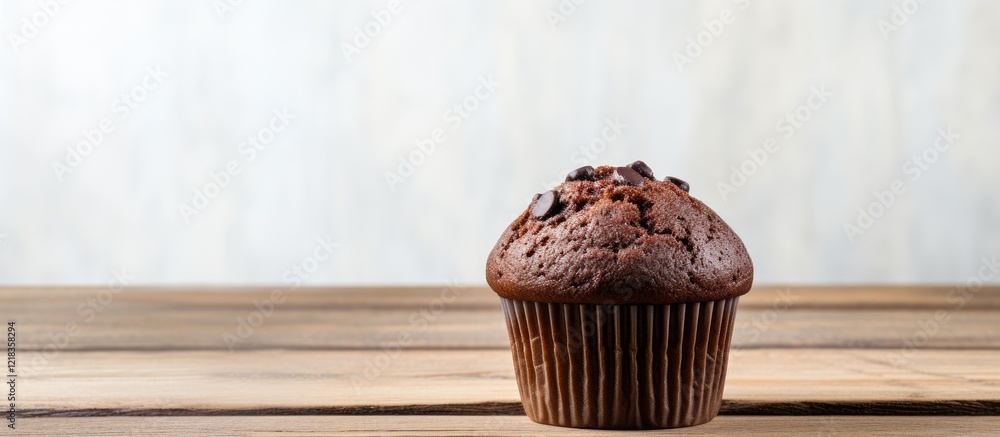 Poster chocolate muffin on a sleek white wooden table with light brown accents, positioned slightly right w