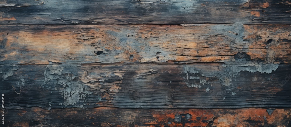 Poster rustic charred timber surface with faded blue and orange paint layers, presenting a textured appeara
