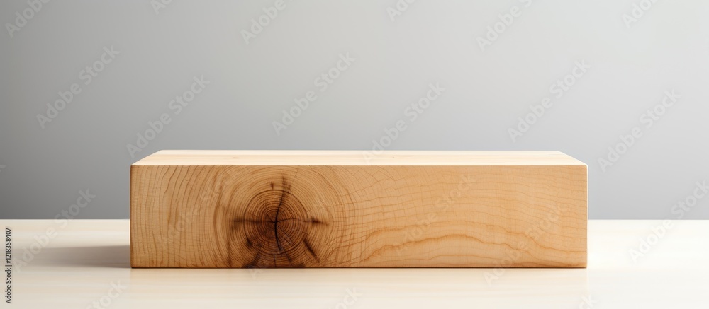 Poster a smooth wooden block on a light wooden table against a soft gray background showcasing natural text