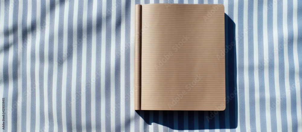 Poster Top view of a blank brown notebook on a white and blue striped cloth background with ample copy space for text or creative designs.
