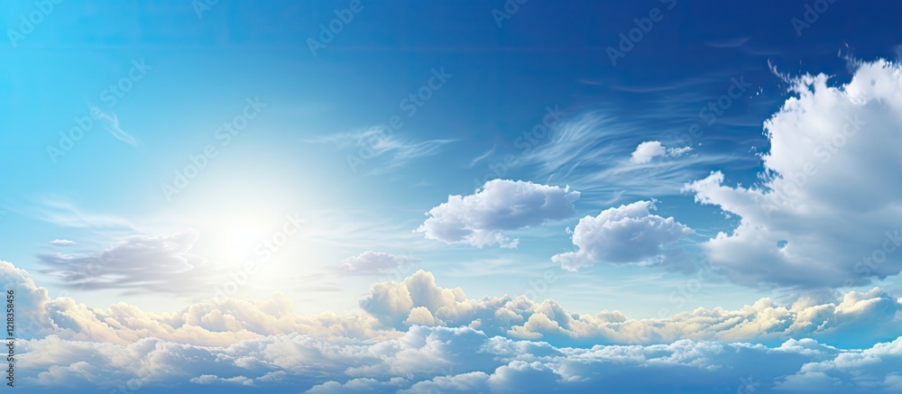 Aufkleber Bright blue sky with soft white clouds illuminated by the sun creating a serene panoramic view perfect for backgrounds or calming imagery.