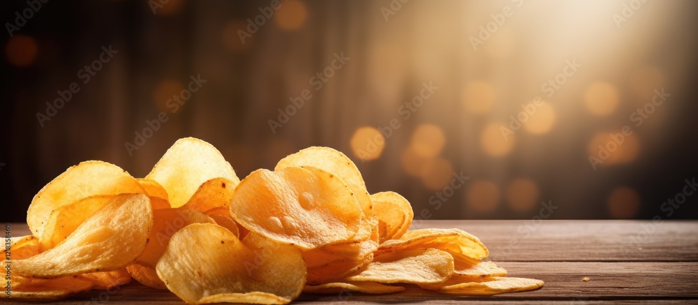 Poster Golden potato chips scattered on a rustic wooden table illuminated by warm light with soft bokeh background creating a cozy atmosphere.