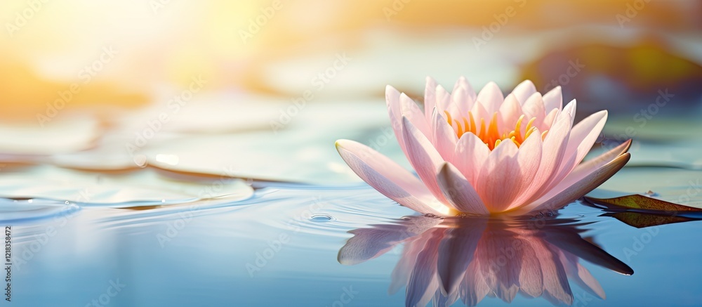 Poster pastel pink water lily blooming on serene pond surface with vibrant sunlight reflecting on water cre