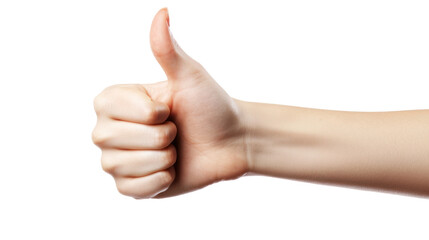 Hand giving a thumbs-up gesture, symbolizing approval and positivity, on a white isolated background.