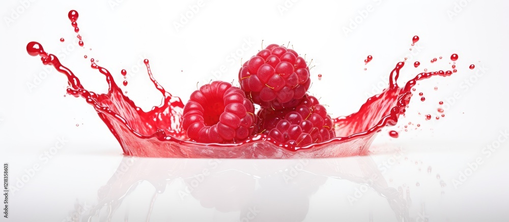 Poster fresh raspberries surrounded by a vibrant red splash on a white background with ample copy space, sh