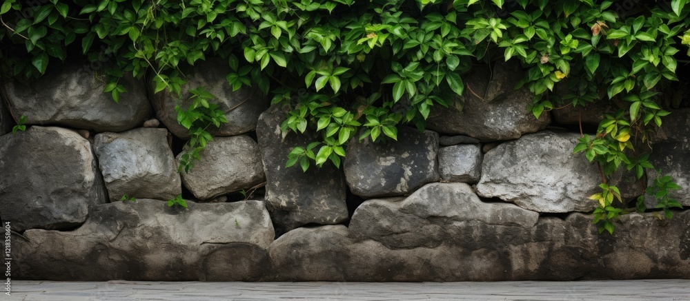 Aufkleber Lush green plants cascading down a textured natural stone wall with a clean horizontal space for text or graphics at the bottom.