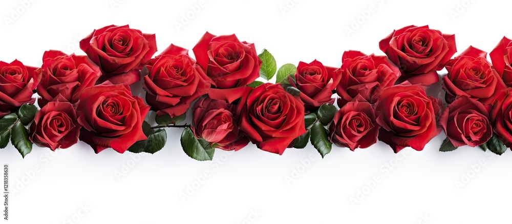 Poster vibrant scarlet roses border with lush green leaves on a clean white background creating an elegant 