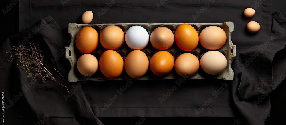 Poster top view of a black background with a carton of brown and white eggs on a kitchen towel, three eggs 