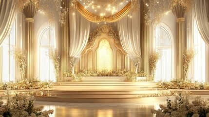 Fototapeta premium A luxurious stage with golden hues, sparkling spotlights, and elaborate decorations, showcasing elegance and prestige.