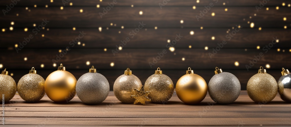 Poster Golden and silver Christmas baubles arranged horizontally on a wooden background with bokeh lights in the background, creating ample copyspace