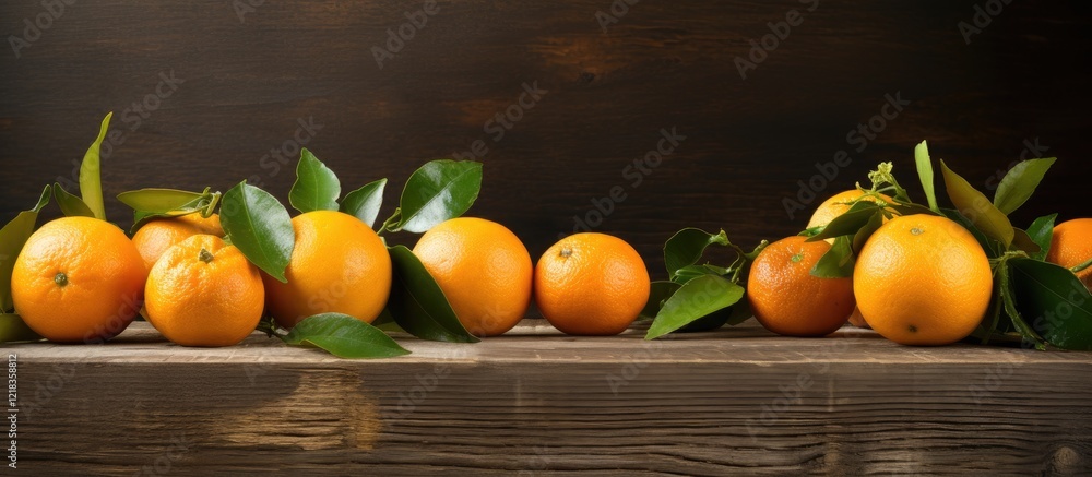Poster Ripe oranges with green leaves arranged on a rustic wooden table against a dark background creating a fresh and vibrant atmosphere.