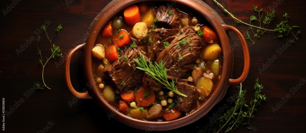 Poster top down view of a deep brown pot roast with vibrant carrots and herbs in a rustic pot on a dark woo
