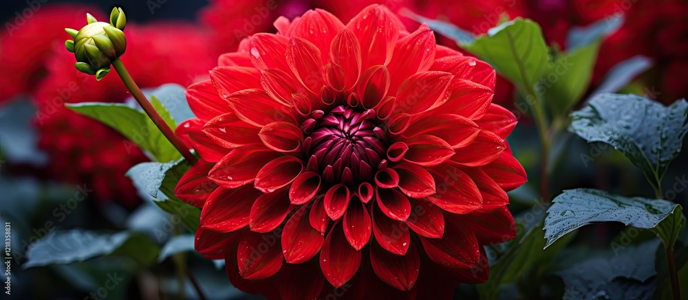 Poster vibrant red dahlia flower in full bloom surrounded by lush green leaves and dark background with amp