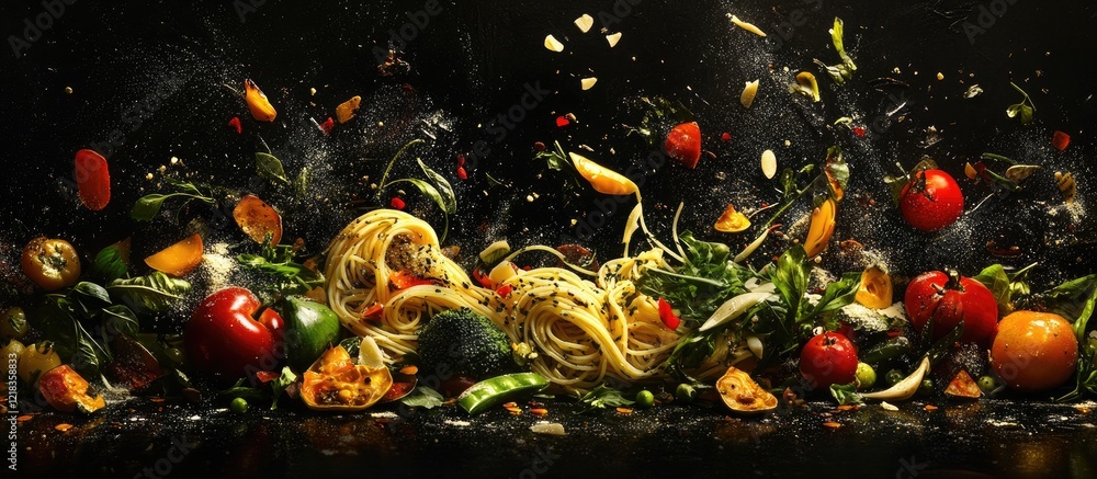 Poster vibrant explosion of fresh vegetables and pasta against a dark background showcasing vivid colors wi