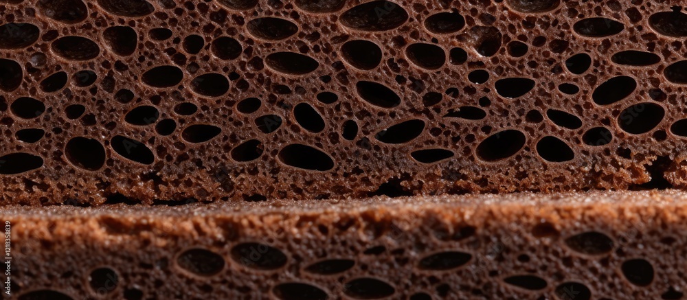 Poster Close up of a dark brown sponge cake texture featuring soft bubbles and a smooth surface ideal for design projects with ample copy space