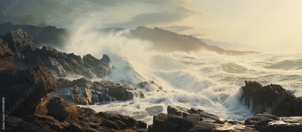Aufkleber rugged coastline with dramatic crashing waves in warm sunset tones highlighting textured rocks and f
