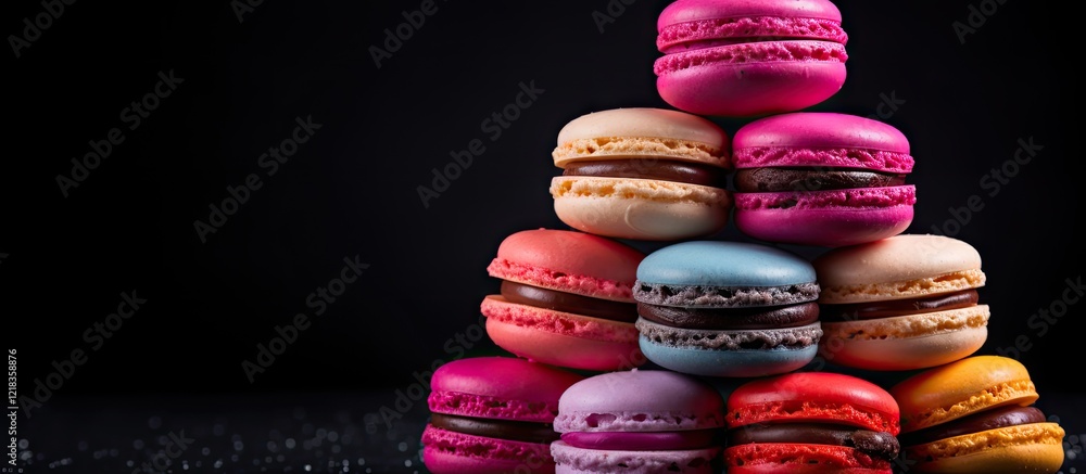 Poster colorful macarons stacked on a dark background highlighting vibrant pink, blue, and orange hues with