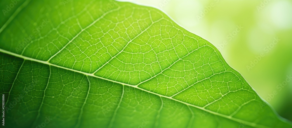 Poster Vibrant green leaf close-up with intricate veins against a soft blurred green background, ample empty space for text or design elements.