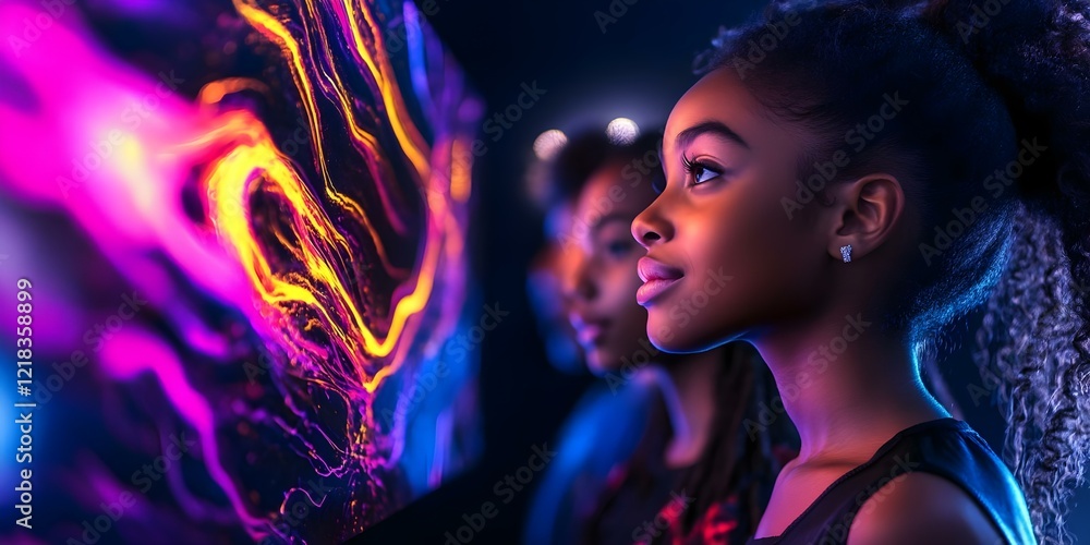 Poster two girls gazing at colorful, abstract light patterns displayed on a screen in a dimly lit environme