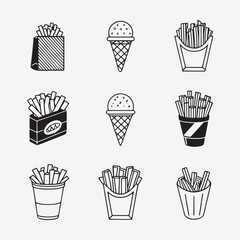 French Fries Outline Icon Set – Vector Icons in Black on White Background