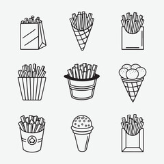 French Fries Outline Icon Set – Vector Icons in Black on White Background