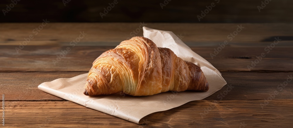 Aufkleber freshly baked croissant on a textured light wooden surface with a rustic paper bag, creating a warm 