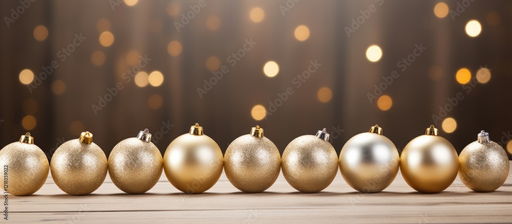 Aufkleber Golden Christmas ornament balls neatly aligned on a wooden background with soft bokeh lights creating a festive atmosphere and ample copyspace.
