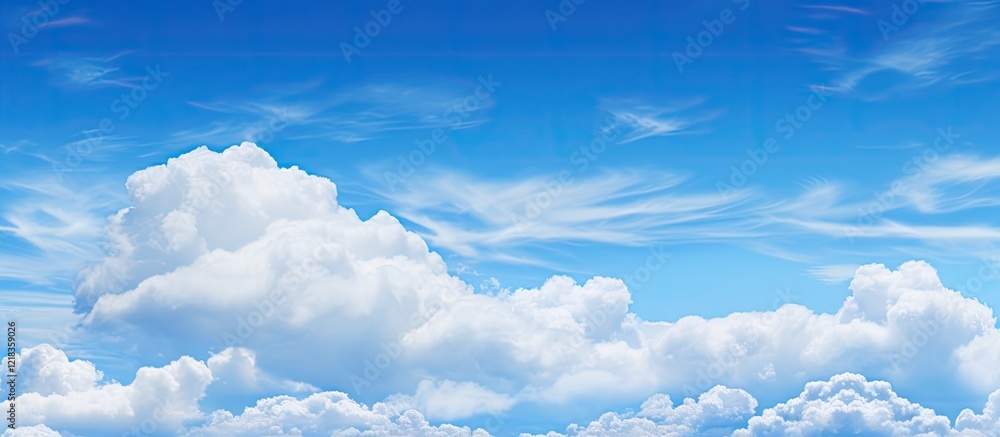 Poster Daytime cloudscape featuring soft white clouds scattered across a vibrant blue sky with ample copy space for text or graphics on the left side.