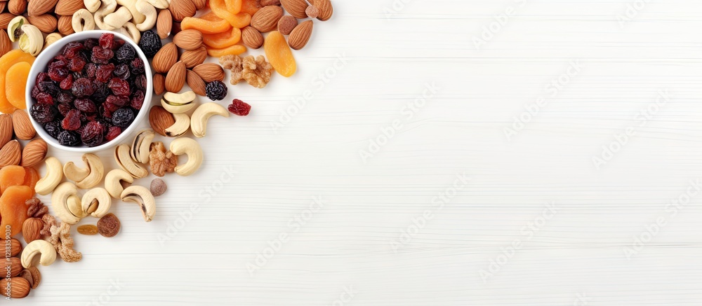 Aufkleber dry fruits and nuts arranged on a white wooden background with space for text featuring a bowl of be