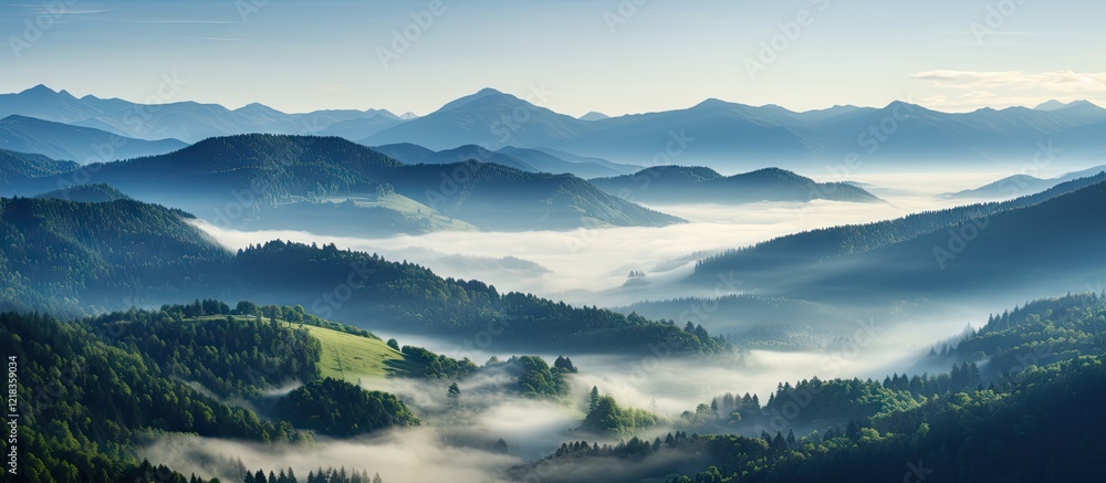 Poster mountain landscape with rolling hills and mist at sunrise; soft blue and green tones; layered mounta