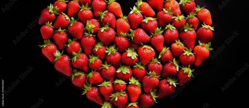 Poster Freshly isolated strawberries arranged in a heart shape on a black background with vibrant red hues and ample copy space for text placement.