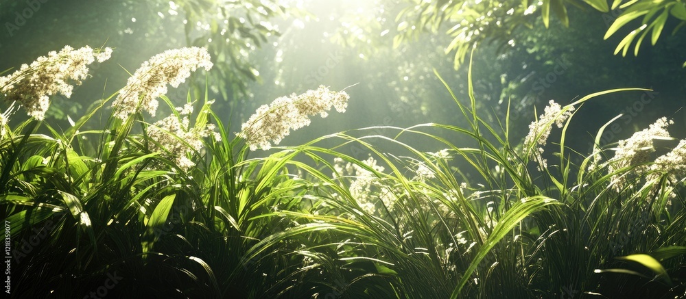 Aufkleber Lush greenery with delicate grass branches in foreground gently swaying illuminated by soft sunlight creating a serene tranquil atmosphere