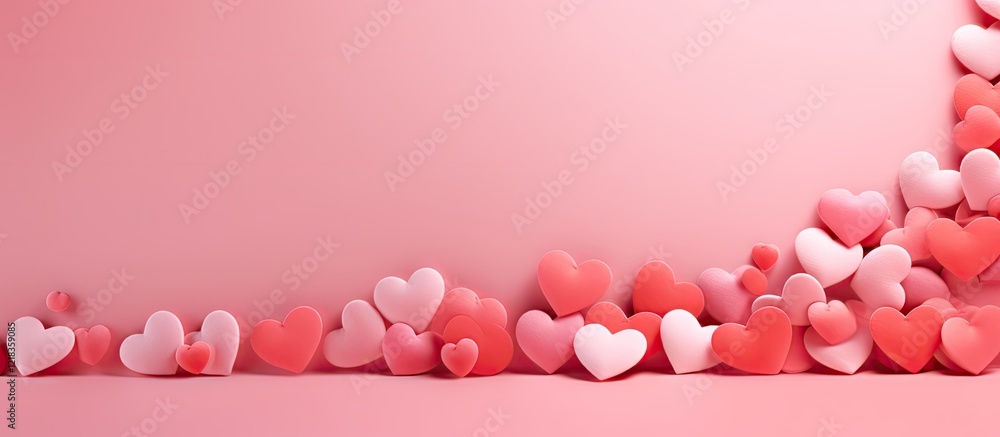 Poster colorful arrangement of pink and red heart shapes scattered along the bottom of a soft pink backgrou