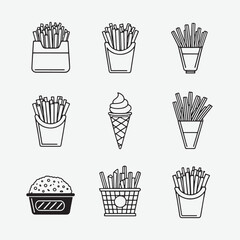 French Fries Outline Icon Set – Vector Icons in Black on White Background
