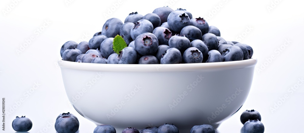 Poster bowl filled with fresh blue blueberries on a white background with ample negative space for text and