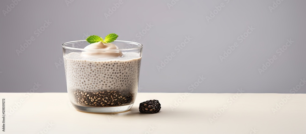 Poster vegan chia pudding in a clear glass with black chia seeds and soya milk topped with mint leaves on a