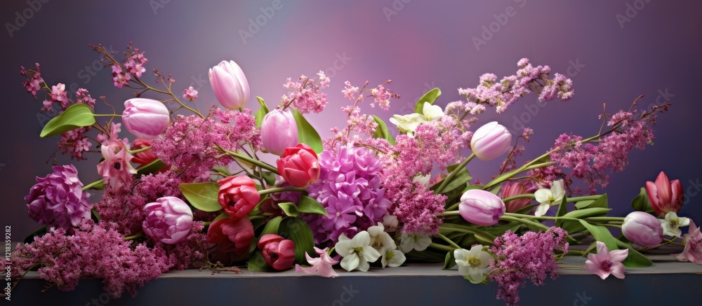 Aufkleber vibrant arrangement of pink and purple tulips and lilacs on a soft gradient background with ample co