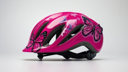 Fototapeta premium Pink butterfly children's bike helmet, safety, studio shot, white background, product shot
