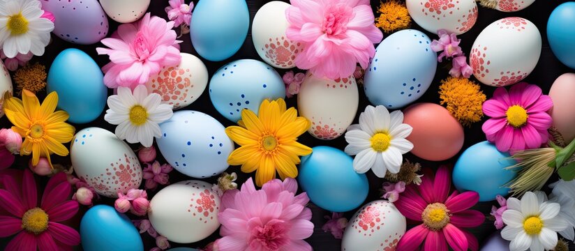 Colorful Easter eggs scattered among vibrant flowers including daisies and chrysanthemums on a dark background providing ample copy space.