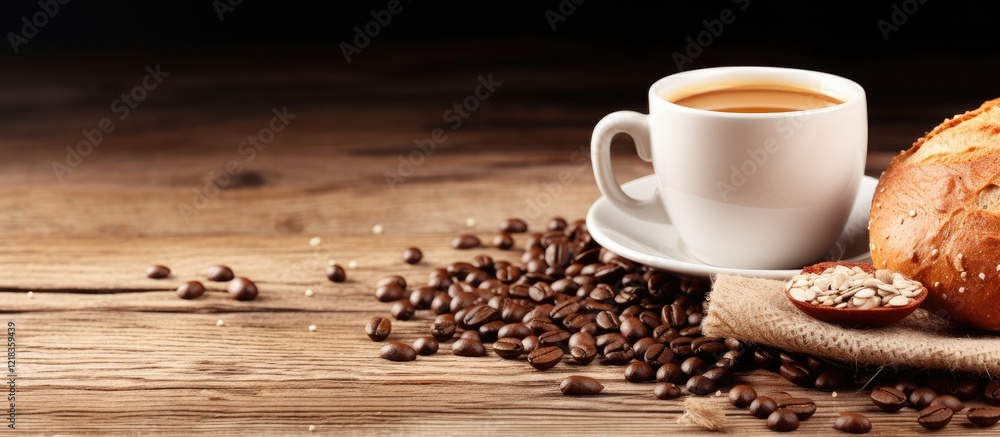 Poster breakfast scene featuring a white coffee cup next to a bun and scattered coffee beans on a wooden su