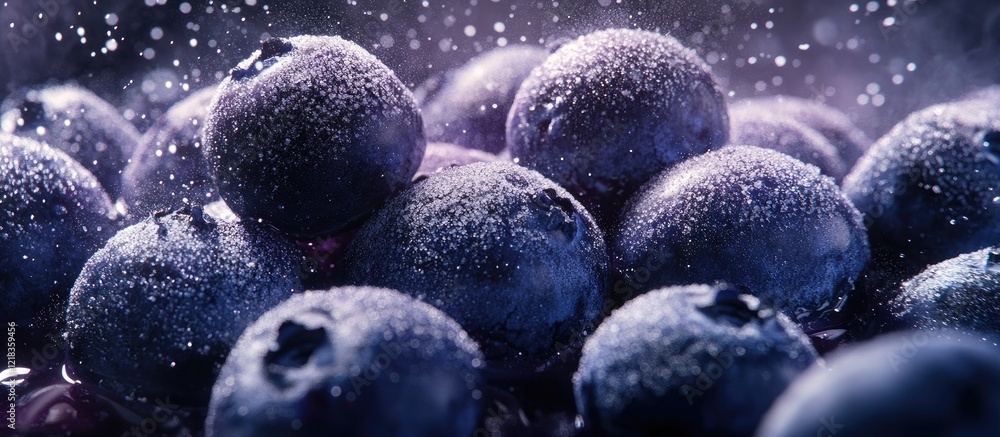 Poster rich dark blue blueberries glistening with a light dusting of powdered sugar set against a soft purp