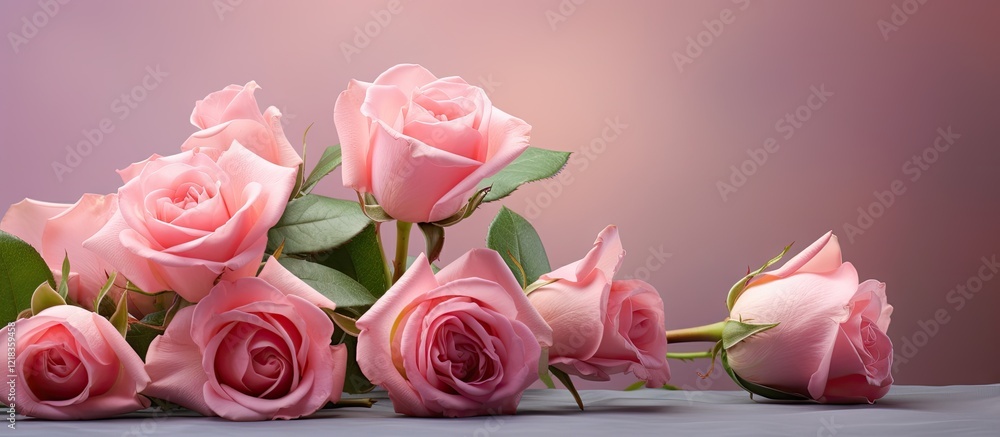 Leinwandbilder delicate arrangement of soft pink roses on a smooth grey surface with a blurred pastel background id
