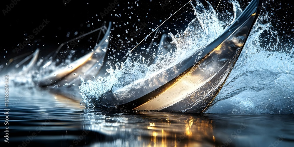 Poster a close-up of a boat slicing through water, creating splashes and reflections against a dark backgro